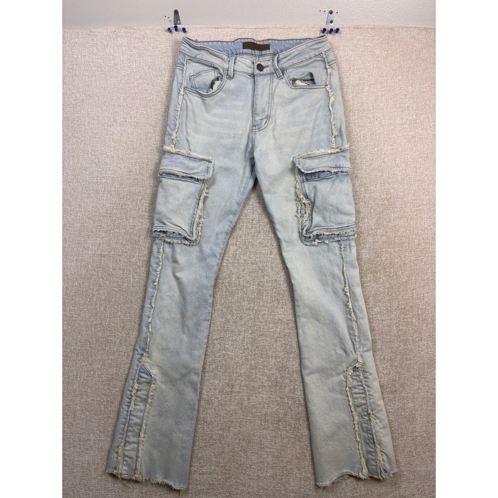 KDNK Mens Distressed Cargo Jeans Light Wash Split Hem Raw Edge 1141411 Size 32